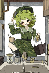  1girl absurdres artificial_eye commentary cup eye_socket faucet frilled_shirt_collar frills green_eyes green_hair green_hat green_shirt green_skirt hair_brush hand_up hat highres holding holding_hair_brush jar key leg_up long_sleeves looking_at_viewer medium_hair mirror mug neruzou one-eyed shirt sink skirt socks solo toothbrush toothbrush_in_mouth touhou water yamashiro_takane 