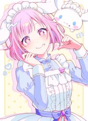  1girl apron bad_id bad_twitter_id blue_dress blunt_bangs blunt_ends border center_frills chimu_prsk cinnamoroll closed_mouth cowboy_shot dress frills fuwa_fuwa_cinnamoroll hands_up highres index_finger_raised juliet_sleeves long_sleeves looking_at_viewer maid_headdress official_alternate_costume ootori_emu outside_border pink_eyes pink_hair project_sekai puffy_sleeves sanrio short_hair smile solo standing white_apron white_border yellow_background 