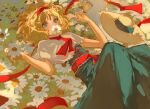  1girl alice_margatroid blonde_hair blue_dress blue_eyes blush bug butterfly capelet covered_mouth dress flower hairband hands_up hat hat_removed headwear_removed highres holding holding_flower lying on_back on_ground red_hairband red_ribbon ribbon solo ss_sl99 sun_hat touhou white_capelet white_flower yellow_butterfly yellow_headwear 
