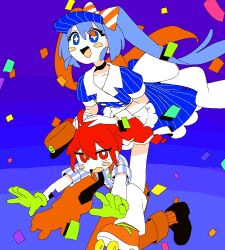  +_+ 2girls ahoge apron black_necktie blue_dress blue_eyes blue_hair blush_stickers bright_pupils choker confetti dress drill_hair floating_hair gloves green_gloves hat hatsune_miku inemuri_(jdq5e) kasane_teto long_hair looking_at_viewer loose_socks mesmerizer_(vocaloid) multiple_girls necktie oekaki open_mouth overalls red_eyes red_hair roller_skates shirt shoes short_sleeves skates socks striped_clothes striped_shirt synthesizer_v tripping twin_drills twintails unworn_hat unworn_headwear utau visor_cap vocaloid waist_apron white_pupils wrist_cuffs 