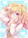  1girl :p blonde_hair blush cardigan coat gradient_hair hair_ornament hairclip hand_on_own_head hinata_mizuiro id_card lab_coat long_hair long_sleeves looking_at_viewer multicolored_hair one_eye_closed open_labcoat pink_eyes pink_hair project_sekai round_eyewear scientist sweater tehepero tenma_saki tongue tongue_out twintails white_coat yellow_cardigan yellow_sweater 