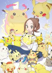  1girl :3 blue_background blue_shoes blush_stickers brown_hair commentary_request denim detective_pikachu_(character) ditto dynamax electricity fly_(pokemon) gigantamax green_eyes harmony_(pokemon) hat highres holding holding_pokemon in-franchise_crossover jeans mimikyu open_mouth pants peakychu pikachu pokemon pokemon_(creature) pokemon_bw pokemon_cafe_remix pokemon_legends:_z-a pokemon_mystery_dungeon pokemon_pokopia pokemon_quest pokemon_rumble rindoriko shirt shoes simple_background smile surf_(pokemon) teeth upper_teeth_only white_background 