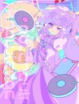  1girl abstract_background blue_bow blunt_bangs blush bow character_name commentary_request crescent crescent_hat_ornament dotted_background dress hair_bow hat hat_ornament holding looking_at_viewer mint_onyo mob_cap one_eye_closed parted_lips patchouli_knowledge red_bow solo touhou violet_eyes wide_sleeves 