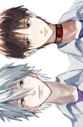  2boys blue_eyes blue_shirt brown_hair choker closed_mouth collared_shirt grey_hair hair_between_eyes highres ikari_shinji light_smile looking_at_another male_focus multiple_boys nagisa_kaworu neon_genesis_evangelion paupauuu_u purple_shirt red_eyes shirt short_hair undershirt upper_body white_background white_shirt 