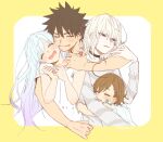  2boys 2girls accelerator_(toaru_majutsu_no_index) ahoge albino annoyed black_choker black_hair blush border brown_hair choker closed_eyes diagonal-striped_shirt dress female_child flat_chest gradient_hair grey_shirt half-closed_eyes hatching_(texture) hug hug_from_behind index_(toaru_majutsu_no_index) kamijou_touma last_order_(toaru_majutsu_no_index) long_hair multicolored_hair multiple_boys multiple_girls open_mouth orange_shirt oyaumi_zzz pale_skin red_eyes shirt short_hair short_sleeves sketch smile spiky_hair toaru_majutsu_no_index upper_body wavy_mouth white_background white_dress white_hair yellow_border 