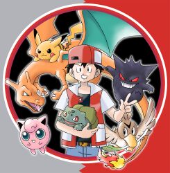  1boy belt black_hair bulbasaur charizard commentary_request denim farfetch'd faux_retro_artstyle faux_traditional_media fire flame-tipped_tail gengar grid_teeth grin highres holding holding_pokemon jacket jeans jigglypuff looking_at_viewer male_focus pants pikachu pokemon pokemon_(creature) pokemon_rgby red_(pokemon) red_jacket sawa_(soranosawa) smile solo sugimori_ken_(style) tail two-tone_background v 