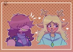  1girl 2023 2d 2girls absurdres animal_ears anthro antlers armlet ben-day_dots black_armlet black_jacket blonde_hair blush body_fur brown_fur buck_teeth colored_skin colored_teeth commentary cropped_shoulders deer deer_ears deer_girl deltarune digital_media duo english_commentary female female_only furry furry_female grin hair_over_eyes heart highres inset_border jacket lizard lizard_girl long_hair long_sleeves mammal monster monster_girl multiple_girls nemotraart noelle_holiday noelle_holiday_(dark_world) orange_background pink_skin purple_hair reindeer reindeer_girl reptile reptile_girl robe scalie screentones sharp_teeth signature simple_background sleeveless sleeveless_jacket smile spiked_armlet susie_(dark_world)_(deltarune) susie_(deltarune) tail tail_tuft teeth utdr_(toby_fox) white_robe yellow_teeth 
