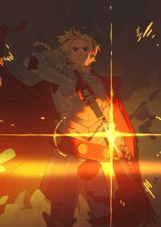  1boy absurdres armor artpaji blonde_hair braid braided_ponytail cape drawing_sword excalibur_(fate/strange_fake) fate/strange_fake fate_(series) glowing glowing_weapon highres holding holding_sword holding_weapon male_focus multicolored_hair red_cape red_eyes red_hair red_streaks richard_i_(fate) single_braid smile solo streaked_hair sword weapon 