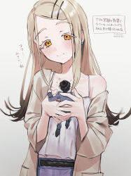  1boy 1girl absurdres belt black_belt blonde_hair blue_shorts blush brown_robe camisole closed_mouth colored_eyelashes commentary_request denim denim_shorts earrings flipped_hair flying_sweatdrops gakuen_idolmaster gradient_hair grey_hair hair_ornament hairclip highres holding holding_mini_person idolmaster jewelry long_hair looking_at_another midriff_peek mini_person miniboy multicolored_hair open_clothes open_robe orange_eyes parallel_hairclips parted_bangs producer_(idolmaster) robe rope_belt shinosawa_hiro shorts single_off_shoulder smile stud_earrings translation_request ume_(yuuki-110813) upper_body white_background white_camisole 