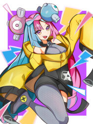  1girl absurdres blue_hair bow-shaped_hair breasts character_hair_ornament commentary_request criss-cross_halter dasimaki001 fake_hair_bun grey_pantyhose hair_ornament halter_shirt halterneck hexagon_print highres iono_(pokemon) jacket leg_up long_hair magnemite medium_breasts multicolored_hair open_mouth oversized_clothes pantyhose pink_hair pokemon pokemon_sv sharp_teeth single_leg_pantyhose sleeves_past_fingers sleeves_past_wrists smile solo split-color_hair teeth x_(symbol) yellow_jacket 