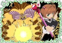  1girl antenna_hair between_fingers black_shirt black_shoes brown_hair card cardcaptor_sakura crossover duel_monster energy_ball exodia_the_forbidden_one fubarmoe green_eyes hair_bobbles hair_ornament holding holding_card holding_wand kinomoto_sakura long_sleeves looking_at_viewer mary_janes neckerchief open_mouth perspective pleated_skirt sailor_collar school_uniform shirt shoes short_hair skirt socks standing tomoeda_elementary_school_uniform v-shaped_eyebrows wand white_neckerchief white_sailor_collar white_skirt white_socks yu-gi-oh! 
