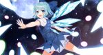  1girl absurdres blue_dress blue_eyes blue_hair blush bow cirno danmaku drawer dress hair_between_eyes hair_bow highres ice ice_wings moon open_mouth smile snowflakes solo tamafurin touhou wings 