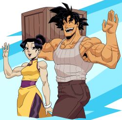  1boy 1girl abstract_background black_hair broad_shoulders carrying_over_shoulder chi-chi_(dragon_ball) commentary crate denim dragon_ball dragon_ball_super english_commentary grey_shirt highres husband_and_wife jeans large_pectorals muscular muscular_arms muscular_male pants pectorals saiyan shirt smile son_goku spiky_hair teeth toned toned_female toon_(style) waving wolfsvile wooden_box 