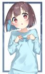  1girl :o blue_hair blue_pajamas blunt_bangs blunt_ends border brown_eyes brown_hair colored_inner_hair commentary hands_on_own_chest head_tilt highres hozuki_momiji light_blush long_sleeves looking_at_viewer multicolored_hair onii-chan_wa_oshimai! pajamas short_hair simple_background solo suta0822 two-tone_hair upper_body white_background 
