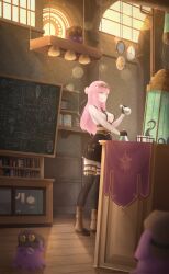 1girl absurdres aivy_lovencraft boots closed_eyes commentary craftito fanart goggles goggles_on_head green_eyes highres indie_virtual_youtuber keptnis monocle pink_hair skirt thigh-highs thighs virtual_youtuber vtuber vtuberfanart