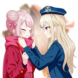  2girls absurdres adjusting_scarf beret blonde_hair blue_hat blue_jacket blue_streaks blurry blurry_background blush chinese_commentary closed_eyes closed_mouth commentary_request crumbs curled_fingers double_bun eating eyeliner food food_request from_side hair_bun hair_flaps hair_ribbon hands_up hat highres himehina_channel holding holding_food jacket lapels lingfankun long_hair long_sleeves looking_at_another makeup medium_hair mixed-language_commentary multicolored_hair multiple_girls notched_lapels open_clothes open_jacket pink_eyes pink_hair pink_jacket pink_ribbon pink_scarf pink_streaks profile red_eyeliner ribbon scarf sideways_hat smile straight_hair streaked_hair suzuki_hina tanaka_hime upper_body virtual_youtuber 