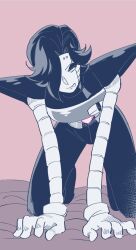  1boy :p all_fours androgynous android bed_sheet boots closed_mouth commentary_request eyeshadow facing_viewer fewer_digits flipped_hair full_body gloves hair_over_one_eye hatching_(texture) limited_palette looking_to_the_side makeup male_focus mechanical_arms mettaton mettaton_ex muted_color on_bed one_eye_covered pants pink_background short_hair sigumado66 simple_background smile solo tongue tongue_out undertale utdr_(toby_fox) v-shaped_eyebrows 