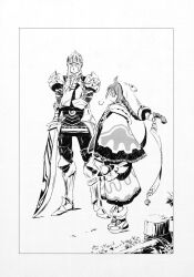  .hack// .hack//zero 1boy 1girl ahoge alph_(.hack//) ankle_boots armor baggy_pants boots braid breastplate closed_eyes closed_mouth gauntlets glasses greaves greyscale hand_up hat hat_bell height_difference helmet highres holding holding_staff holding_sword holding_weapon kawashima_ryojun knight long_hair looking_at_another monochrome novel_illustration official_art pants pauldrons plate_armor poleyn poncho puff_of_air raised_visor sabaton scan shoulder_armor sieg_(.hack//) staff standing sword tassets thinking third-party_source weapon 