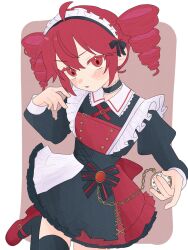  1girl :o ahoge black_legwear black_ribbon black_sleeves black_thighhighs blush buckle chain collar commentary_request drill_hair eyebrows_visible_through_hair frilled_dress frills hand_up highres holding_pocket_watch juliet_sleeves kasane_teto kasane_teto_(utau) komori_kamome layered_dress layered_skirt leg_up looking_at_viewer maid maid_dress maid_headdress mary_janes pocket_watch red_eyes red_hair red_shoes ribbon sleeve_cuffs solo standing thighhighs twin_drills utau watch white_sleeve_cuffs zettai_ryouiki 