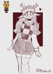  1girl 2023 2d animal_ears anthro antlers arms_at_sides artist_name body_fur buck_teeth commentary deer deer_ears deer_girl deltarune digital_media english_commentary eyelashes female female_only furry furry_female hatching_(texture) heart highres long_hair long_sleeves looking_at_viewer mammal monochrome nemotraart noelle_holiday official_art_inset pixel_art_inset reference_inset reindeer reindeer_girl simple_background skirt solo spoken_heart teeth thigh-highs thighs utdr_(toby_fox) white_background 