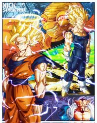  babidi blonde_hair blue_bodysuit blue_sash blue_shirt blue_wrist_cuffs bodysuit boots cowboy_shot dabura dougi dragon_ball dragon_ball_z electricity facial_mark forehead_mark full_body gloves green_eyes halo highres majin_vegeta male_focus muscular muscular_male nickelespektro orange_pants orange_shirt pants sash shirt son_goku spiky_hair super_saiyan super_saiyan_2 torn_clothes torn_shirt vegeta veins white_boots white_gloves wrist_cuffs yellow_halo 