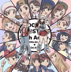  6+boys 6+girls absurdres backwards_hat baseball_cap beanie black_hair black_shirt black_vest blonde_hair blue_eyes blue_hair blue_jacket blue_pants blue_shirt blush bow_hairband braid breasts brendan_(pokemon) brown_eyes brown_hair bucket_hat calem_(pokemon) cardigan closed_mouth collared_shirt commentary_request dress elio_(pokemon) ethan_(pokemon) eyewear_on_headwear florian_(pokemon) gloria_(pokemon) green_hat grey_cardigan grey_hat hair_ornament hairband hairclip hat high_ponytail highres hikari_(pokemon) hilbert_(pokemon) hilda_(pokemon) holding holding_poke_ball jacket juliana_(pokemon) leaf_(pokemon) long_hair looking_at_viewer loose_socks lucas_(pokemon) lyra_(pokemon) may_(pokemon) multiple_boys multiple_girls necktie newsboy_cap one_eye_closed open_mouth pants pink_dress pink_hat pk_rgr96 poke_ball poke_ball_(basic) pokemon pokemon_bw pokemon_dppt pokemon_frlg pokemon_hgss pokemon_oras pokemon_sm pokemon_sv pokemon_swsh pokemon_xy ponytail porkpie_hat purple_necktie red_(pokemon) red_hat red_skirt scarf school_uniform selene_(pokemon) serena_(pokemon) shirt short_hair short_sleeves skirt sleeveless sleeveless_shirt smile socks striped_clothes striped_shirt tam_o'_shanter turtleneck turtleneck_jacket uva_academy_school_uniform vest victor_(pokemon) vs_seeker white_hat wristband 