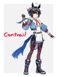  1girl ahoge animal_ears belt black_gloves black_hair black_leggings black_shorts blue_boots blue_jacket blush boots breasts brown_belt brown_hair character_name clenched_hand closed_mouth commentary_request contrail_(racehorse) covered_navel cropped_jacket ear_ribbon fingerless_gloves gloves goggles goggles_on_head hair_between_eyes highres horse_ears horse_girl horse_tail jacket leggings leotard long_sleeves nagise_rysta neckerchief original overskirt personification red_neckerchief short_hair shorts simple_background skirt smile solo tail umamusume white_hair white_leotard white_skirt 