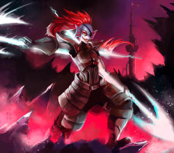 1girl 2015 2d absurdres anthro armor armored_boots black_eyepatch blue_skin boots breastplate colored_sclera colored_skin colored_teeth commentary digital_media ear_fins english_commentary eyepatch female female_only fighting_stance fins fish fish_girl full_body gauntlets head_fins high_ponytail highres holding holding_polearm holding_spear holding_weapon huge_filesize large_filesize long_hair monster monster_girl mothmandraws outdoors pauldrons polearm ponytail red_background red_hair sharp_teeth slit_pupils solo spear standing teeth undertale undyne utdr_(toby_fox) weapon yellow_sclera yellow_teeth 