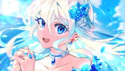  1girl :d blue_choker blue_eyes blue_flower blue_gem blue_lips blue_nails blue_rose blue_theme braid choker collarbone commentary_request earrings eyelashes flower frilled_choker frills gem hair_between_eyes hair_flower hair_ornament hands_up highres jewelry long_hair looking_at_viewer nail_polish open_mouth original own_hands_clasped own_hands_together portrait rose smile solo tanpopo_hayabusa-maru teeth upper_teeth_only white_hair 