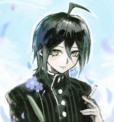  1boy ahoge black_hair black_jacket buttons cigarette danganronpa_(series) danganronpa_v3:_killing_harmony eyelashes flower hair_between_eyes highres holding holding_cigarette jacket male_focus pinstripe_jacket pinstripe_pattern pngheavy saihara_shuichi short_hair smile snoozaga_(style) striped_clothes striped_jacket 