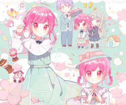  1boy 2girls adjusting_hair animal aqua_background bag belt bird black_jacket black_necktie black_socks blazer blue_hair blue_jacket blue_pants blue_ribbon blue_skirt blush bow bowl bowl_hat bowtie braid brown_shoes buttons chinese_commentary clock closed_mouth clouds cohana collared_shirt colorful_festival_(project_sekai) commentary_request copyright_notice denim doghouse double-breasted double-parted_bangs dress flat_chest floral_background flower flying_sweatdrops frown full_body green_belt green_dress green_hair green_hat grey_bag grey_sweater hair_between_eyes hair_bow handbag hands_up hat hat_bow height_difference highres holding holding_bag holding_unworn_clothes holding_unworn_hat jacket jeans kamishiro_rui kamiyama_high_school_uniform_(project_sekai) kneehighs kusanagi_nene lace-trimmed_bow lace_trim loafers long_dress long_hair long_sleeves low-tied_sidelocks miniskirt multicolored_hair multiple_girls multiple_views neck_ribbon necktie no_pupils official_alternate_costume official_alternate_hairstyle on_stool ootori_emu ootori_rakunosuke outline pants phenny_(project_sekai) pink_eyes pink_flower pink_hair plaid_clothes plaid_dress pleated_skirt project_sekai puffy_long_sleeves puffy_sleeves purple_hair raised_eyebrows raised_inner_eyebrows red_bow red_bowtie ribbon school_uniform shirt shoes short_hair sidelocks simple_background sitting skirt sleeveless sleeveless_dress smile socks solo_focus sparkle spoken_object standing steepled_fingers stool streaked_hair sweater swept_bangs tareme twin_braids twitter_username two-tone_background two-tone_hair unworn_hat unworn_headwear upper_body very_long_hair white_background white_bow white_outline white_shirt white_trim 