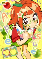  1girl apple applesauce blush_stickers brown_eyes closed_mouth food from_above fruit gatchipon glasses green_nails green_skirt hair_ornament highres leaf_hair_ornament multicolored_nails orange_hair original personification pointing pointing_at_self print_shirt red_nails red_sleeves semi-rimless_eyewear shirt skirt solo star_(symbol) star_hair_ornament white_nails white_sirt 