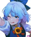  1girl :q blue_bow blue_dress blue_eyes blue_hair bow cirno collared_shirt dress flower hair_bow medium_hair noriuma one_eye_closed pinafore_dress portrait puffy_short_sleeves puffy_sleeves shirt short_sleeves simple_background sleeveless sleeveless_dress solo sunflower tongue tongue_out touhou white_background white_shirt 