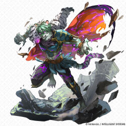  1boy absurdres animal_ears cape claws clenched_teeth commentary english_commentary ephraim_(fire_emblem) ephraim_(sky_lance)_(fire_emblem) fangs fire_emblem fire_emblem:_the_sacred_stones fire_emblem_shadows full_body furry furry_male glowing glowing_eyes green_fur highres nijihayashi official_alternate_costume official_art pelt running solo striped_fur tail teeth tiger_boy tiger_ears tiger_stripes tiger_tail torn_clothes 