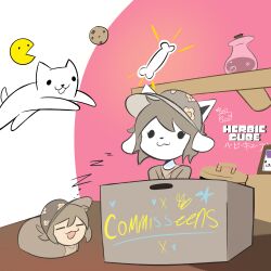  1girl 2025 2d :3 animal annoying_dog artist_name body_fur bone bottle box brown_jacket brown_shirt closed_eyes cookie cosplay creature digital_media dog eyelashes female floral_print grey_hair hat herbiecube highres jacket multiple_animal_ears photo_(object) potion print_hat red_background shelf shirt simple_background solid_circle_eyes solid_eyes tail temmie temmie_chang_(character) temmie_chang_(character)_(cosplay) text trio two-tone_background undertale utdr_(toby_fox) white_background white_dog white_fur zzz 