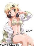  1girl akatsuki_kirika bikini bikini_under_clothes blonde_hair breasts fujimoto_satoru green_eyes hair_ornament headphones headphones_around_neck highres looking_at_viewer medium_breasts navel senki_zesshou_symphogear short_hair shorts simple_background sitting solo striped striped_bikini swimsuit white_background x_hair_ornament 