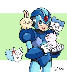  1boy armor blue_armor blue_helmet character_request copyright_request cowboy_shot forehead_jewel green_background green_eyes helmet highres male_focus mega_man_(series) mega_man_x_(series) poko589 simple_background solo_focus x_(mega_man) 