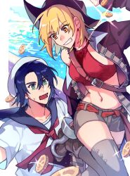  1boy 1girl athrun_zala between_breasts blonde_hair blue_hair blue_sailor_collar boots border breasts brown_boots brown_hair brown_jacket cagalli_yula_athha coin cowboy_hat cowgirl_(western) crop_top gold_coin green_eyes grey_shorts grey_thighhighs grin gundam gundam_seed hair_between_eyes halter_shirt halterneck hat hook_hand jacket kc_otaku0 looking_at_another medium_breasts midriff navel necktie open_mouth orange_eyes parted_bangs red_necktie red_shirt sailor sailor_collar sailor_hat sailor_shirt shirt short_hair short_shorts short_sleeves shorts shoulder_belt single_bare_shoulder smile sparkle strap_between_breasts sweatdrop teeth thigh-highs white_border white_hat white_shirt 