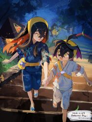  1boy 1girl black_hair brother_and_sister carmine_(pokemon) commentary_request crossed_bangs dated grass hair_between_eyes highres holding_hands japanese_clothes kieran_(pokemon) long_hair mole mole_on_neck multicolored_hair night open_mouth outdoors pokemon pokemon_sv purple_hair red_hair shiro_(46isou) shooting_star short_sleeves siblings sky stairs star_(sky) starry_sky walking yellow_bag yellow_eyes 