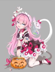  1girl absurdres apron black_dress blue_eyes candy chinese_commentary commentary_request dress fang feigongshishou food grey_background halloween_bucket high_heels highres honkai_(series) honkai_impact_3rd incoming_gift long_hair looking_at_viewer maid_apron official_alternate_costume open_mouth pink_hair rozaliya_olenyeva rozaliya_olenyeva_(gothic_rozamary) simple_background skin_fang solo thigh-highs thighs very_long_hair white_tail white_thighhighs 