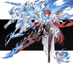  1girl absurdres ahoge armor belt black_bodysuit black_horns blue_fire bodysuit breastplate breasts commentary crack dog double-parted_bangs elizabeth_rose_bloodflame english_commentary faulds fiery_ears fire full_body greatsword hair_between_eyes highres holding holding_sword holding_weapon hololive hololive_english horns huge_ahoge large_breasts long_hair looking_at_viewer parted_lips raresauce red_eyes red_hair rosarian_(elizabeth_rose_bloodflame) shoulder_armor solo sword thigh_belt thigh_strap thorn_(elizabeth_rose_bloodflame) very_long_hair virtual_youtuber weapon white_belt 