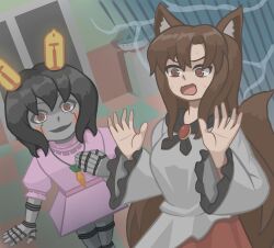  @_@ animal_ears black_hair brown_eyes brown_hair crossover duhota highres imaizumi_kagerou inaba_tewi lamp mechanization open_mouth parody red_eyes robot_girl scared shaded_face sweatdrop tail touhou well_just_you_wait! wolf_ears wolf_girl wolf_tail 