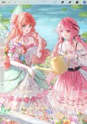  2girls bare_shoulders beads black_ribbon blue_flower bow bowtie breasts bug butterfly chinese_commentary choker collarbone commentary_request cross-laced_clothes cross-laced_dress curly_hair day detached_sleeves dress dress_flower english_text eyelashes flower flower_choker frilled_choker frilled_dress frilled_sleeves frills green_eyes hair_bow hair_bun hair_flower hair_ornament hair_ribbon highres holding jewelry lace_trim layered_dress long_hair mantaoye multiple_girls necklace off-shoulder_dress off-shoulder_shirt off_shoulder open_mouth orange_flower orange_hair original outdoors pearl_necklace pink_bow pink_bowtie pink_choker pink_dress pink_eyes pink_flower pink_hair pink_ribbon pink_rose pink_skirt puffy_short_sleeves puffy_sleeves purple_flower red_flower ribbon rose sample_watermark see-through_clothes shirt short_sleeves sidelocks skirt smile strapless teeth tulip twintails upper_teeth_only very_long_hair water watering_can watermark wavy_hair white_dress white_flower white_shirt white_sleeves yellow_flower yellow_rose 