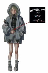  1other androgynous armband arrow_(symbol) bare_legs black_armband black_shirt blue_jacket boots cameo closed_mouth crying crying_with_eyes_open frown full_body green_eyes green_hair grey_boots grey_shorts hand_in_pocket hatsburg highres holding hood hood_up hooded_jacket ipod jacket knees lace-up_boots len'en light_blush lips listening_to_music long_hair long_sleeves looking_at_viewer mp3_player open_clothes open_jacket other_focus photo_inset puffy_long_sleeves puffy_sleeves realistic sad shirt shitodo_aoji shorts simple_background socks solo standing straight-on streaming_tears system_of_a_down tears turtleneck turtleneck_shirt white_background white_socks zipper 