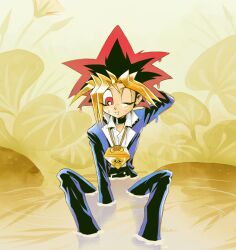  1boy black_hair blonde_hair blonde_streaks blue_jacket colored_bangs domino_high_school_uniform eye_of_horus jacket male_focus millennium_puzzle multicolored_hair muto_yugi pants peacock_hair pngheavy school_uniform shirt smile spiky_hair streaked_hair yu-gi-oh! yu-gi-oh!_duel_monsters 