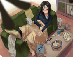  1girl 23el barefoot black_hair black_shirt blanket blurry blurry_foreground blush book bottle bowl cellphone chips_(food) chopsticks cold_pack commentary_request couch depth_of_field food from_above full_body highres indoors long_hair long_sleeves looking_to_the_side lying messy_hair noodles on_couch original phone plant potted_plant ramen shirt sick slice_of_life slippers smartphone solo sweat table thermometer tissue_box trash_can under_covers unworn_eyewear unworn_slippers water_bottle 