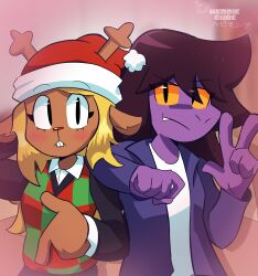  2025 2d 2girls animal_ears anthro antlers arm_on_shoulder artist_name blonde_hair blue_pants blue_shirt body_fur brown_fur buck_teeth colored_sclera colored_skin deer deer_ears deer_girl deltarune digital_media duo female female_only furry furry_female hat herbiecube highres jacket lizard lizard_girl long_hair long_sleeves looking_at_viewer mammal monster monster_girl multiple_girls noelle_holiday orange_background pants purple_hair purple_jacket purple_skin red_hat reindeer reindeer_girl reptile reptile_girl santa_hat scalie sharp_teeth shirt simple_background skirt striped_clothes susie_(deltarune) teeth two-tone_shirt upper_body utdr_(toby_fox) w white_shirt yellow_sclera 