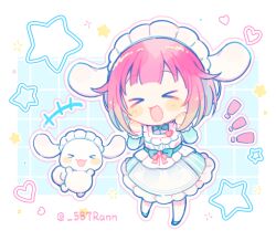  ! !! >_< +++ 1girl :3 :d animal_ears apron blue_background blue_bow blue_bowtie blue_dress blue_shoes blunt_bangs bob_cut border bow bow_apron bowtie chibi chibi_only chinese_commentary cinnamoroll closed_eyes cohana commentary_request dress enmaided fake_animal_ears flat_chest frilled_apron frilled_dress frills full_body fuwa_fuwa_cinnamoroll grid_background hair_flaps hands_on_own_cheeks hands_on_own_face hands_up headdress heart lop_rabbit_ears maid maid_headdress medium_dress ootori_emu open_mouth outline outside_border pale_skin pantyhose pink_hair project_sekai rabbit_ears sanrio shoes short_hair simple_background smile solo_focus sparkle standing star_(symbol) star_symbol_background striped_clothes striped_dress traditional_bowtie twitter_username vertical-striped_clothes vertical-striped_dress white_apron white_border white_headdress white_outline white_pantyhose 