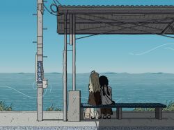  2girls backpack bag black_hair blonde_hair blue_sky brown_shirt chito_(shoujo_shuumatsu_ryokou) commentary day english_commentary from_behind highres horizon long_hair multiple_girls ocean outdoors parisetya shirt shoujo_shuumatsu_ryokou sky twintails utility_pole white_shirt yuri yuuri_(shoujo_shuumatsu_ryokou) 