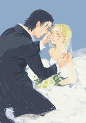  1boy 1girl athrun_zala bare_shoulders black_hair black_jacket blonde_hair blue_background bouquet breasts bridal_veil cagalli_yula_athha closed_eyes commentary couple dress grin gundam gundam_seed hair_slicked_back hand_on_another's_cheek hand_on_another's_face hetero highres holding holding_bouquet husband_and_wife jacket long_dress medium_breasts short_hair smile strapless strapless_dress suit_jacket teeth untranslatable_commentary veil wedding_dress white_dress yama18imo 